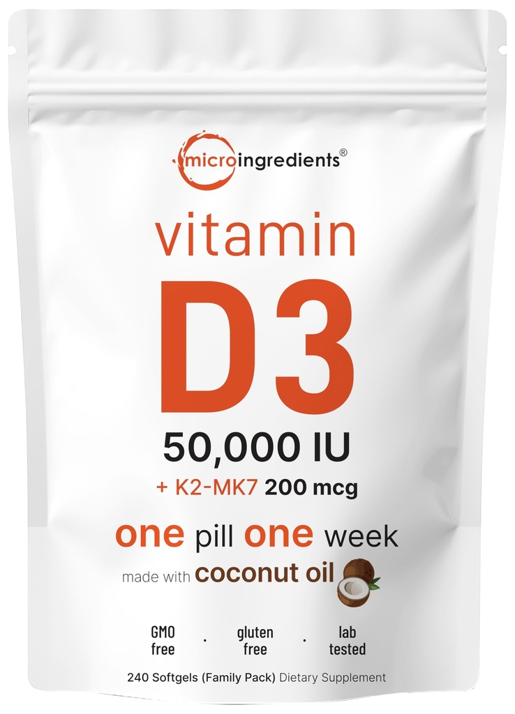 Micro Ingredients Vitamin D3 50.000 IE + K2 MK-7 200 mcg, 240 Softgels | Virgin Coconut Oil | 2-i-1 Bone, Immune & Heart Support | Lätt att svälja, icke-GMO