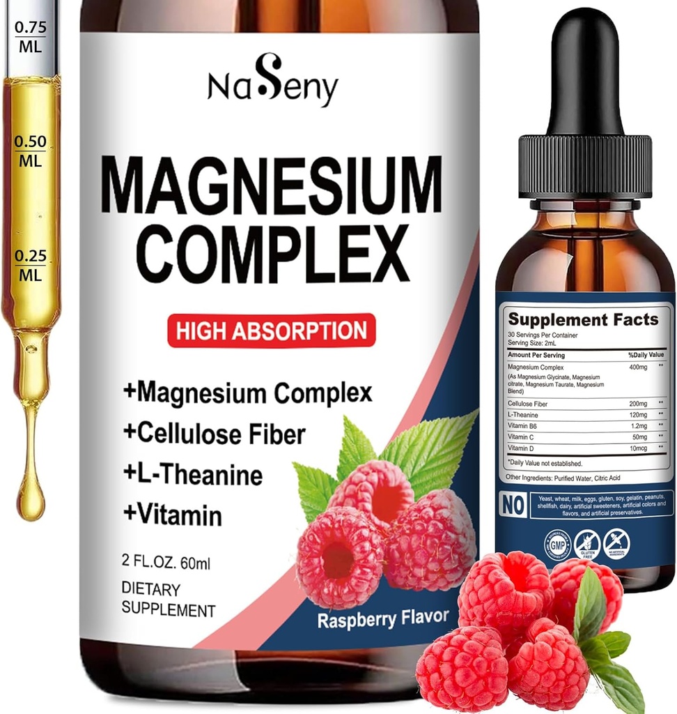 Magnesiumkomplexttillägg, 400 mg magnesium Glycinate, Malate & Citrate Vitamin Blend för kvinnor och män, hög absorption - för avkoppling, bra sömn och nervhälsa (60ML / Raspberry)