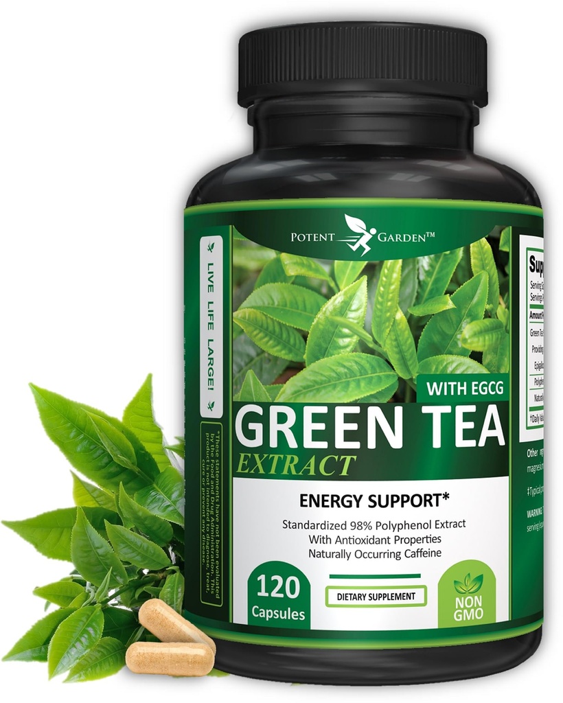 Potent Garden Green Tea Extract EGCG Natural Energy, Mental Focus, Immuunituki, antioksidantti ja terve sydän Formula, ei-GMO 120 Green Tea Extract kapselit