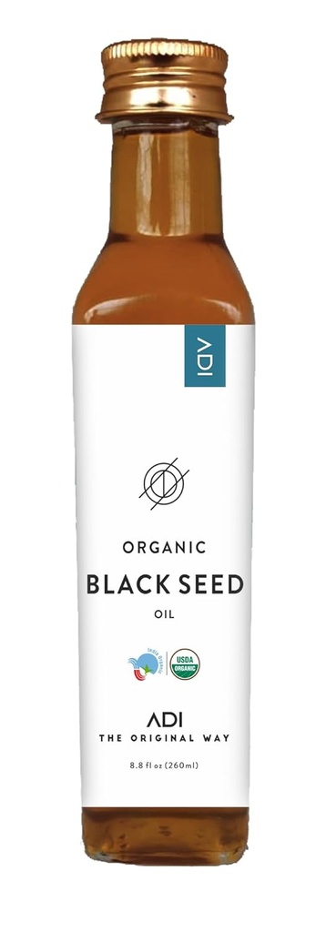 ADI Natural Black Seed Oil 8,8 oz, 100% Pure Käsittelemätön Kylmä Painamaton Liquid Oil, Lasipullo, USDA Certified, Nigella Sativa, Rikas Omega 3-6-9