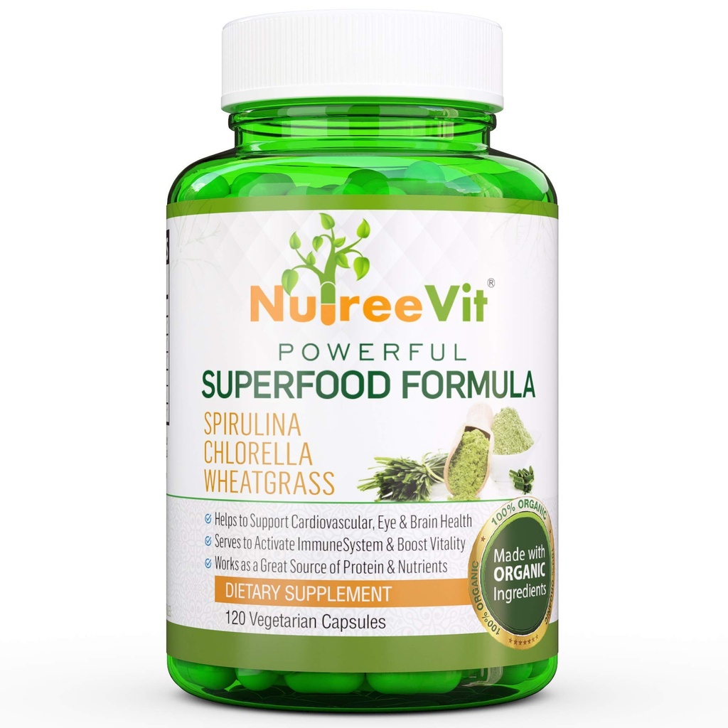 NutreeVit Pure 100% Organic Spirulina + Chlorella + Wheatgrass - Energibooster, Immune Support, Kraftfull Superfood Antioxidant - Veggie Capsules | 500mg