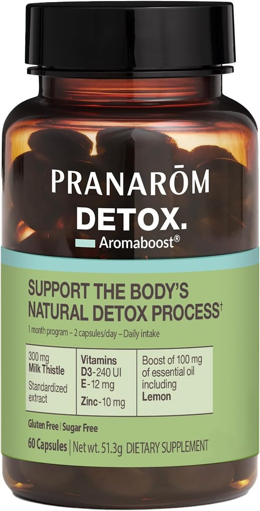 Pranarom - Aromaboost Detox Herbal Supplement - Eliminerar gifter och dränerar kroppen - Mjölk Thistle och Zink - Vitaminer D3 och E - Lemon Essential Oil - 60 Count