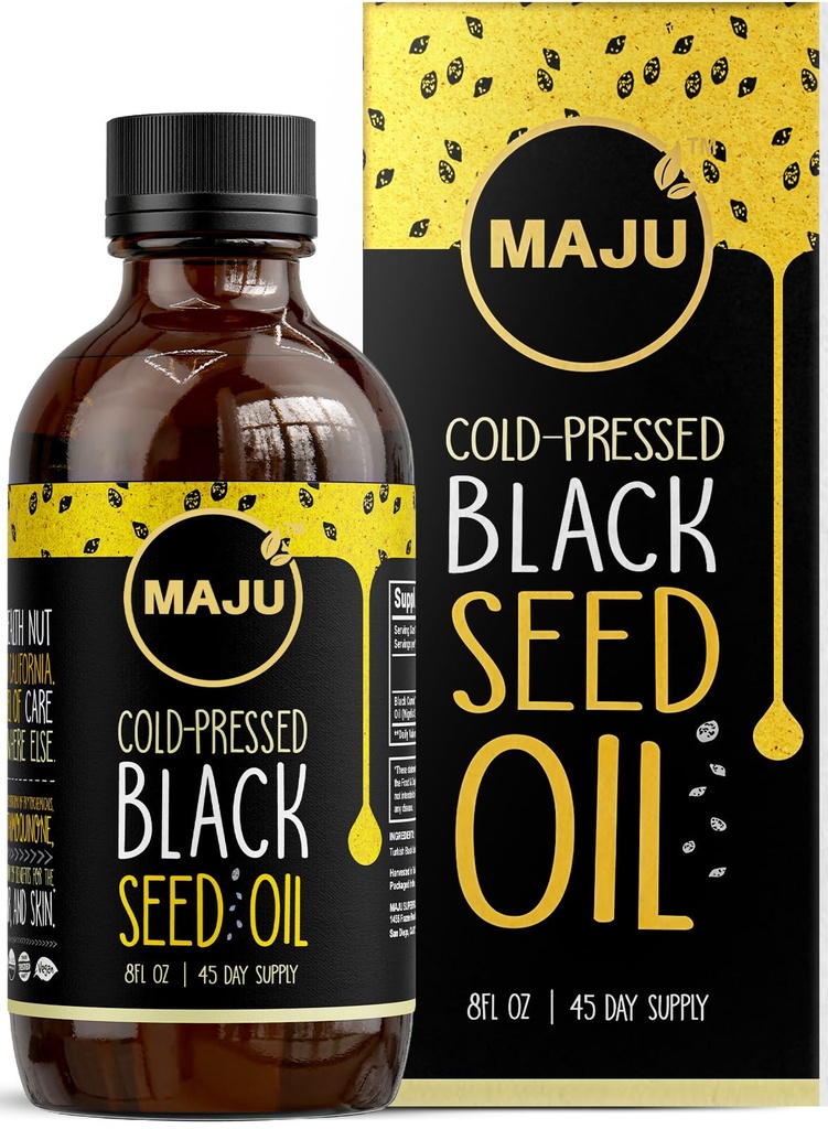 MAJRU Musta siemenöljy - 3 Kertaa Thymokinoni, kylmäpuristettu, 100% Turkin musta Cumin siemenöljy, nestemäinen puhdas Mustasiemenöljy, lasipullo, 8 oz