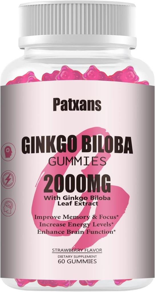 1 pakkaus 2000mg Ginkgo Biloba Gummies - Ginkgo Biloba täydentää aivojen terveystuki, parantaa mielialaa ja keskittyä, energia, aikuisten, mansikka maku, 60