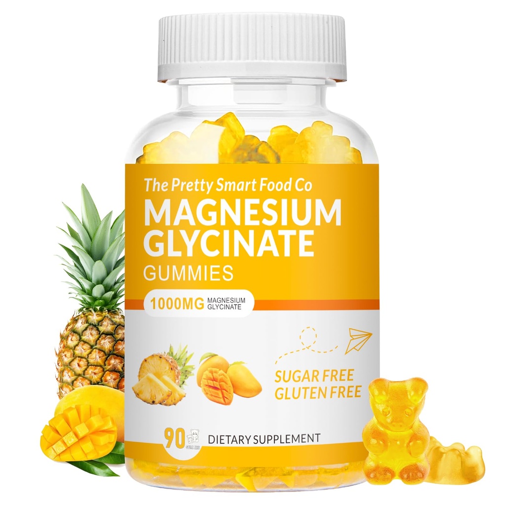 Magnesium Glycinate Gummies 1000mg - 90 Ct | Magnesium kalium tillskott för avkoppling, stressavlastning, med vitamin D, B6, Q10 för lugn humör och sömnstöd - Mango Pineapple Gummies