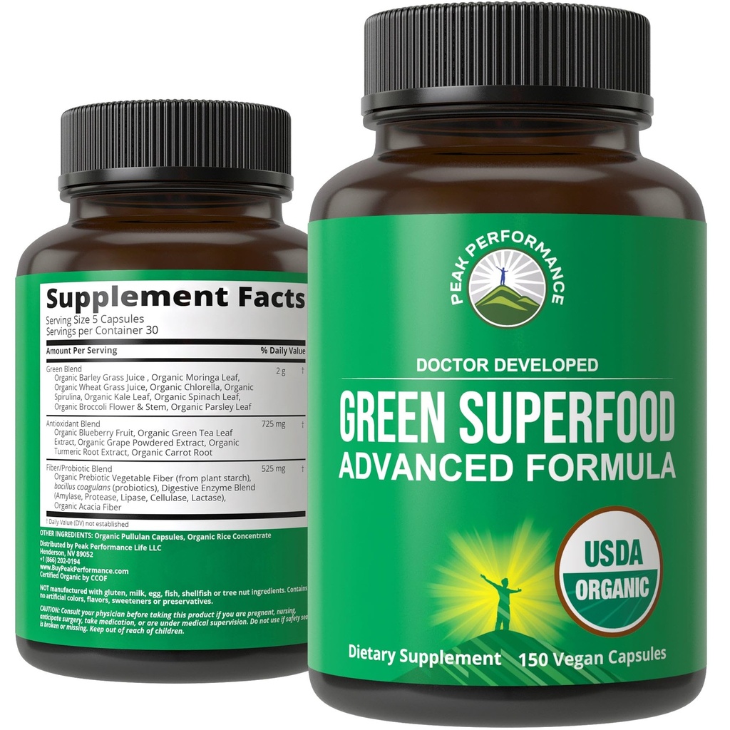 Organiska Super Greens 150 kapslar - Grön Juice Superfood Supplement med 25 naturliga organiska ingredienser. Max Energy och Detox Super Food Pills med Spirulina, Spinach, Kale, Gurkmeja, Probiotika