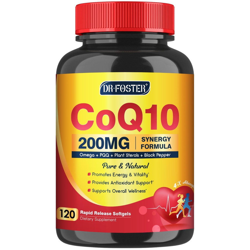 CoQ10 200 mg Softgels E & Omega 3-6 -9 & PQQ - suuri imeytyvä Coenzyme Q10 Bioperine 