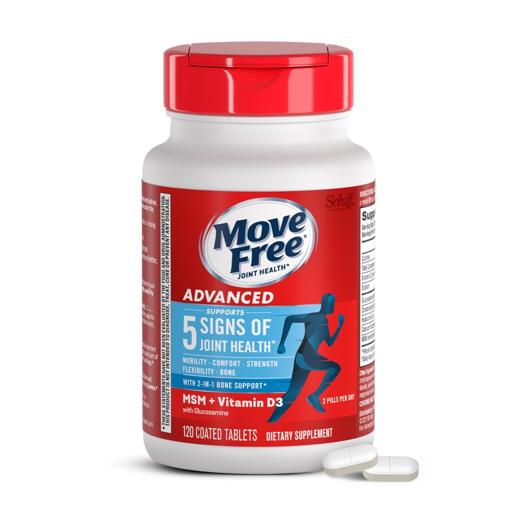 Liiku ilmaiseksi Advanced Glukosamiini Chondroitin MSM + D3-vitamiini Joint Support Supplement, tukee liikkuvuutta Mukavuus Vahvuus Joustavuus & Bone + Immuuniterveys - 120 tablettia (60 annosta) *