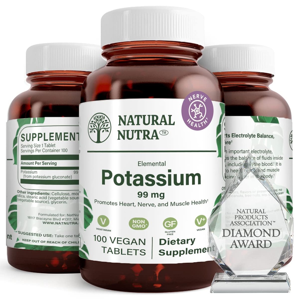 Natural Nutra Elemental Kalium Glukonaatti 99 mg Ravintolisä ... Edistää energiaa, auttaa lisäämään hermostoa, edistää sydämen terveyttä, mineraalien sääntelyä, lihasten toimintaa - 100 Vegaanitablettia