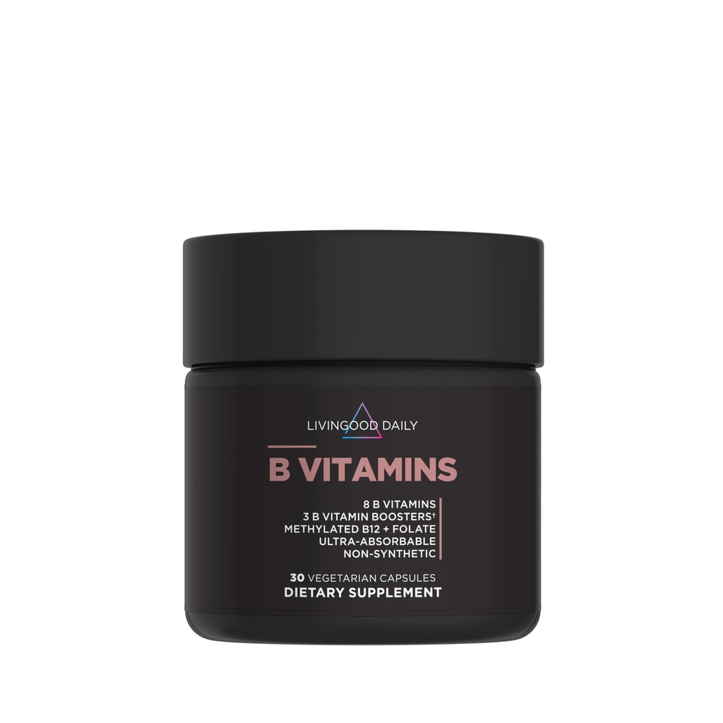 Livingood Daily Vitamin B Complex Capsules för män och kvinnor, Methylated B12 & Folate, 11 Active Forms Inklusive B1 B2 B3 B5 B6 & Biotin, Gluten Free, Vegan B-vitaminer för Hair Skin Nails, 30 kapslar