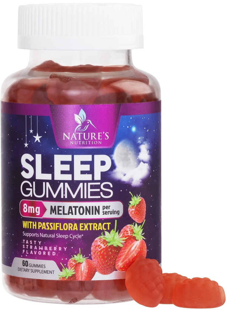 Sleep Gummies for Adults Extra Strength 8mg - Melatoniini Passiflora Extract levollinen uni - Nopeasti toimivat Melatoniini uni Gummy Supplement, Vegan, Ei-GMO, maukas mansikka maku - 60 Gummies