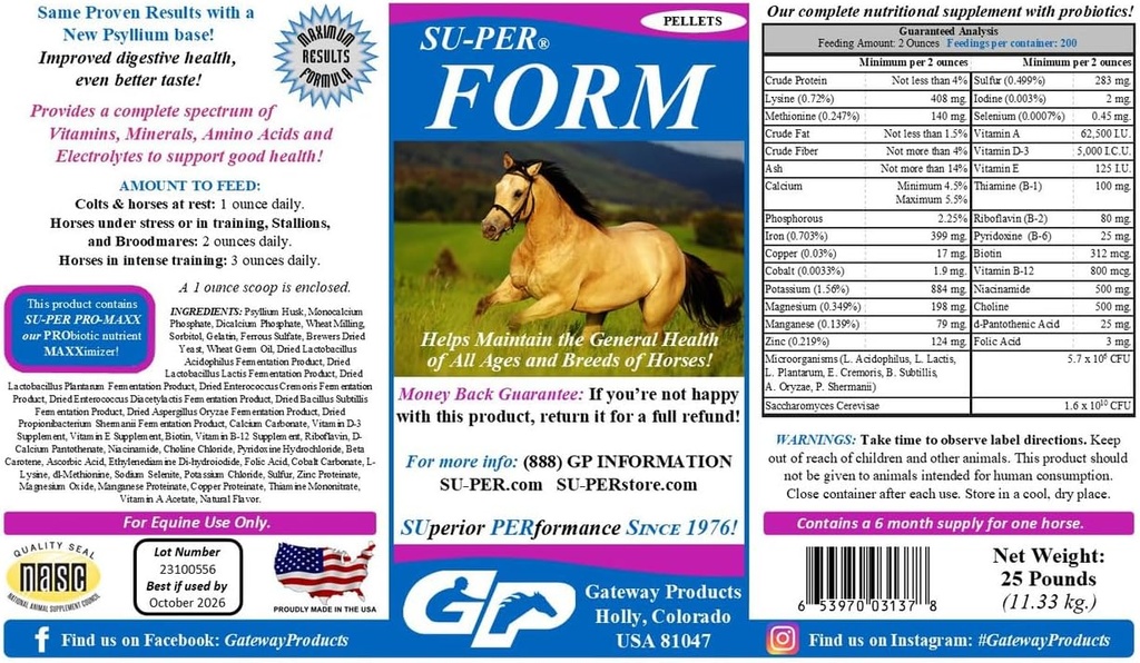 SU-PER Form Horse Vitaminer och mineral Pellets - Näringstillskott med probiotika - Vitaminer, mineraler, Aminosyror och elektrolyter - Hjälper till att upprätthålla allmän hälsa - 25 pund, 6 månaders leverans