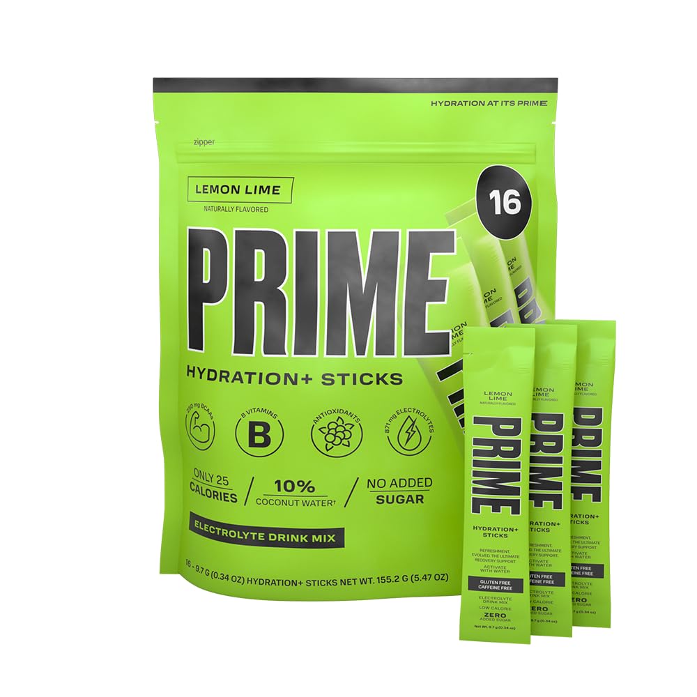 PRIME HYDRATION+ Sticks Lemon Lime | Hydration Powder Single Serve Sticks | Electrolyte Powder On The Go | Low Sugar | Koffeinfri | Vegan | 16 Sticks