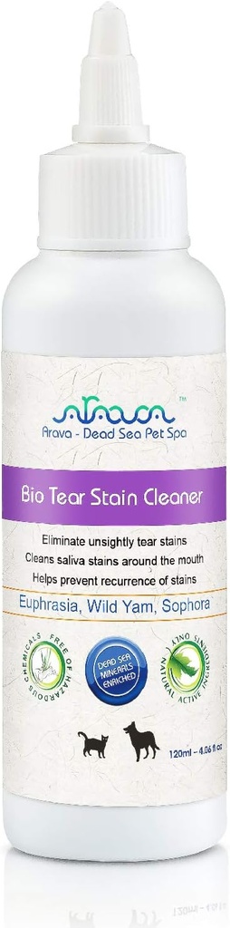 Arava Natural Tear ja Stain Remover koirille ja kissoille - Tehokas ratkaisu 26 Dead Sea Minerals, poistaa ja estää silmän ja syljen Stains