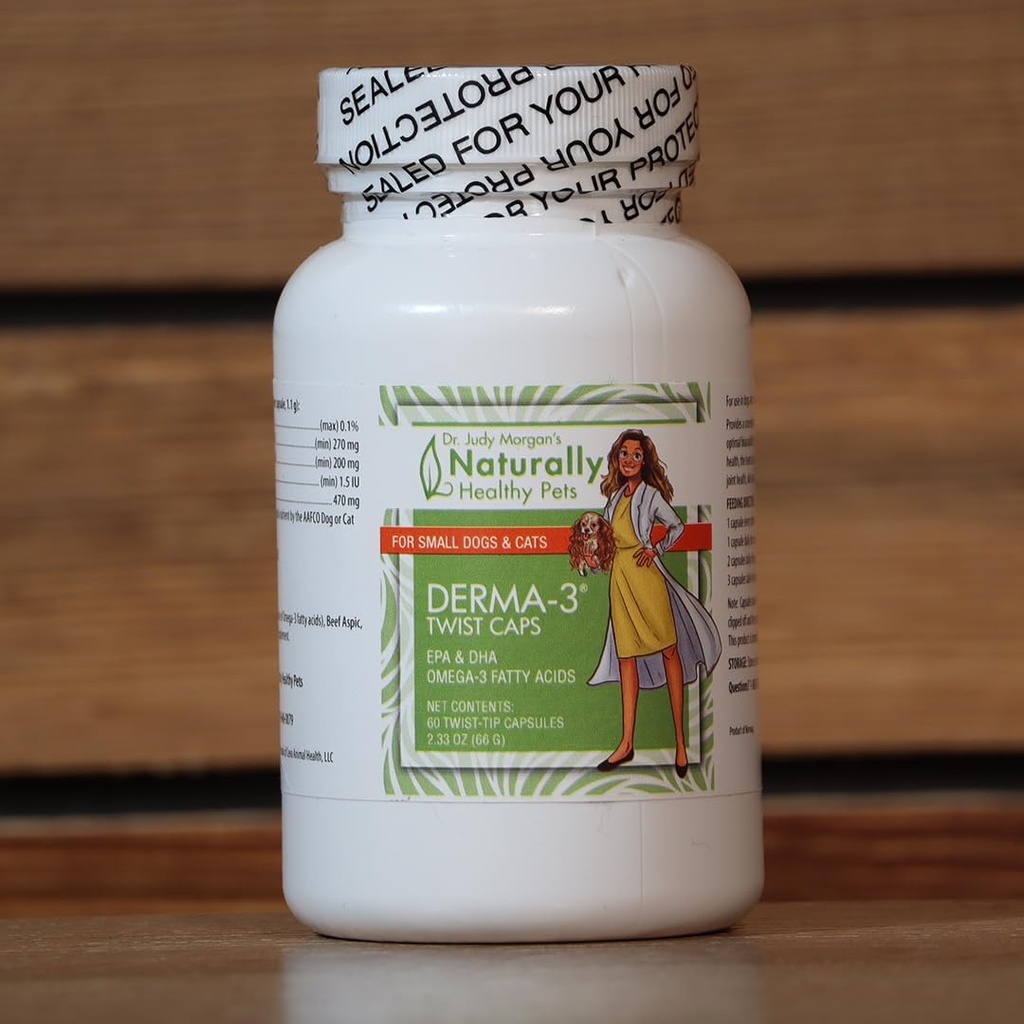 Tri Judy Morganin luonnollisesti terveet lemmikit Derma-3 Omega3 Fish Oil Twist Caps koirille ja kissoille (pieni)
