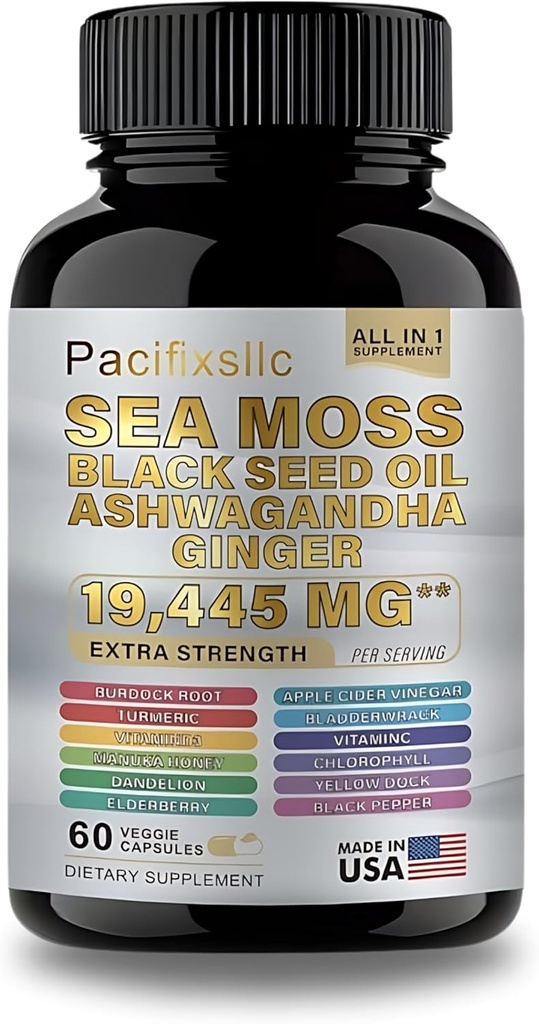 Sea Moss Black Seed Oil Ashwagandha Ginger Vitamin C & D3 med svartpeppar för män och kvinnor