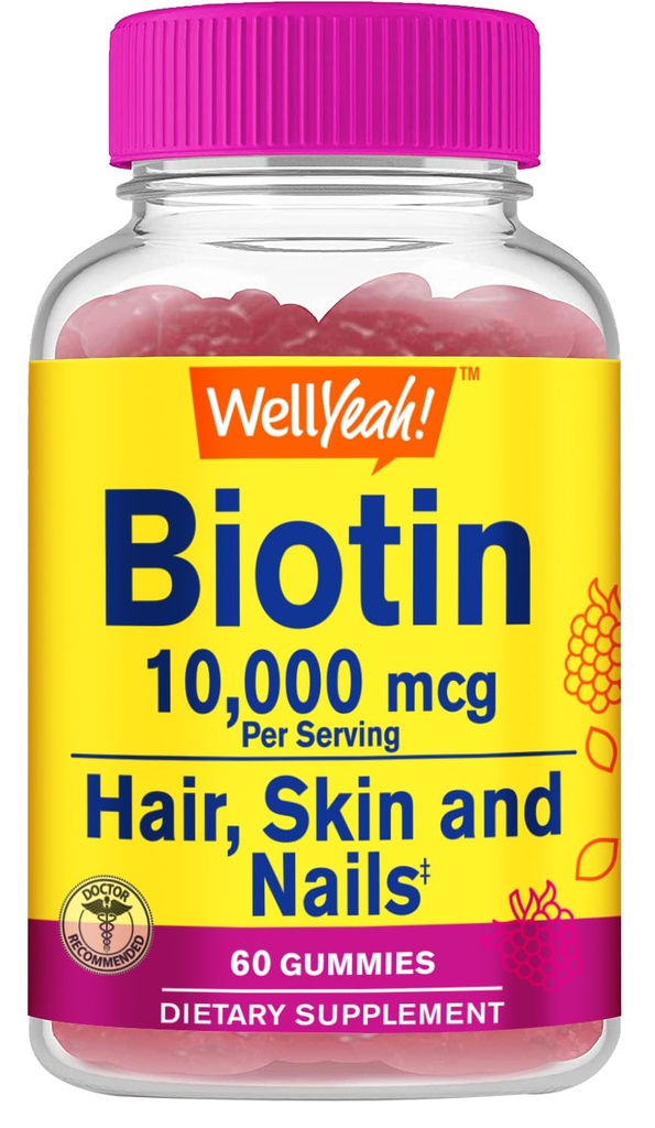 WellYeah High Potency Biotin 10 000 mcg Gummies - vahvemmille hiuksille, iholle ja kynsille - Vegaaniystävällinen, Gluteeniton, ei-muuntogeenisiä organismeja, ja herkullinen Berry Flavor - 60 Gummies
