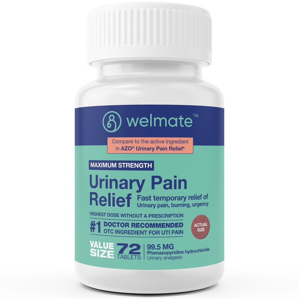 WELMATE - Urinary Pain Relief (72 tabletter) - Phenazopyridine Hydrochloride 99.5mg - Urinary Pain, Urgency, & Discomfort - Maximal Styrka - Over-The-Counter Medication