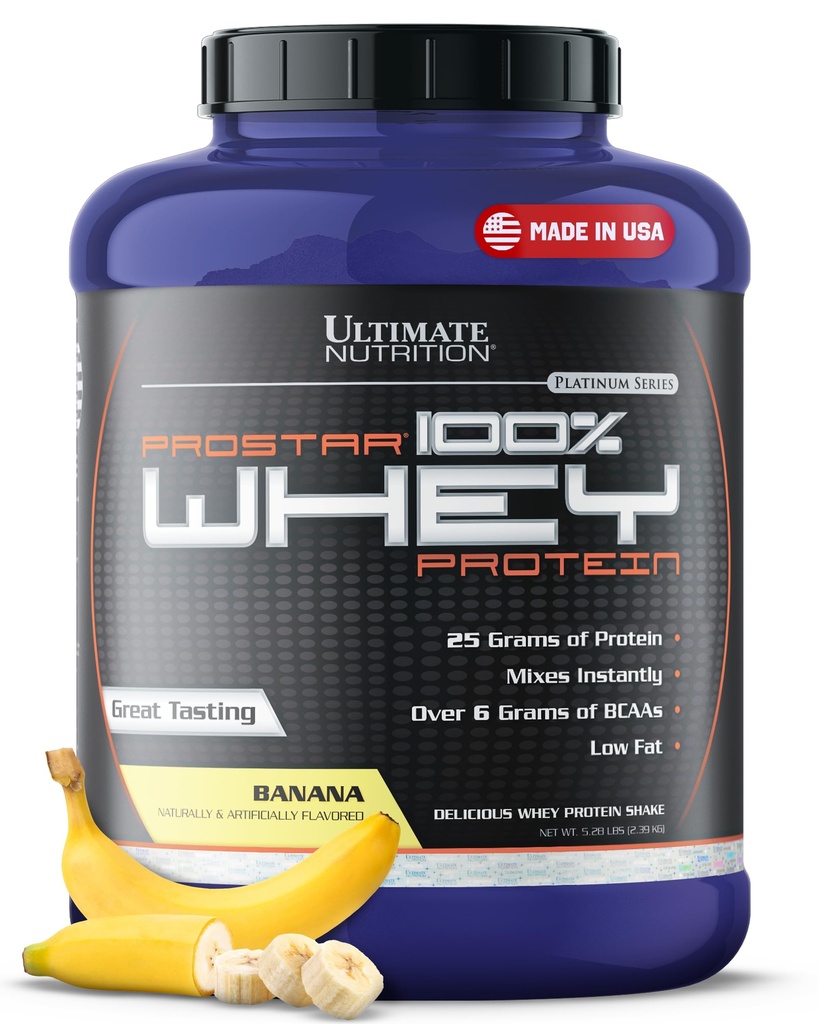 Ultimate Nutrition Prostar Whey Protein Powder Isolate, Banaani - Low Carb, High Protein Powder Shake for Muscle Gain & Recovery - Alhainen natrium, matala rasva & Keto Friendly - 5,28 lbs Tub