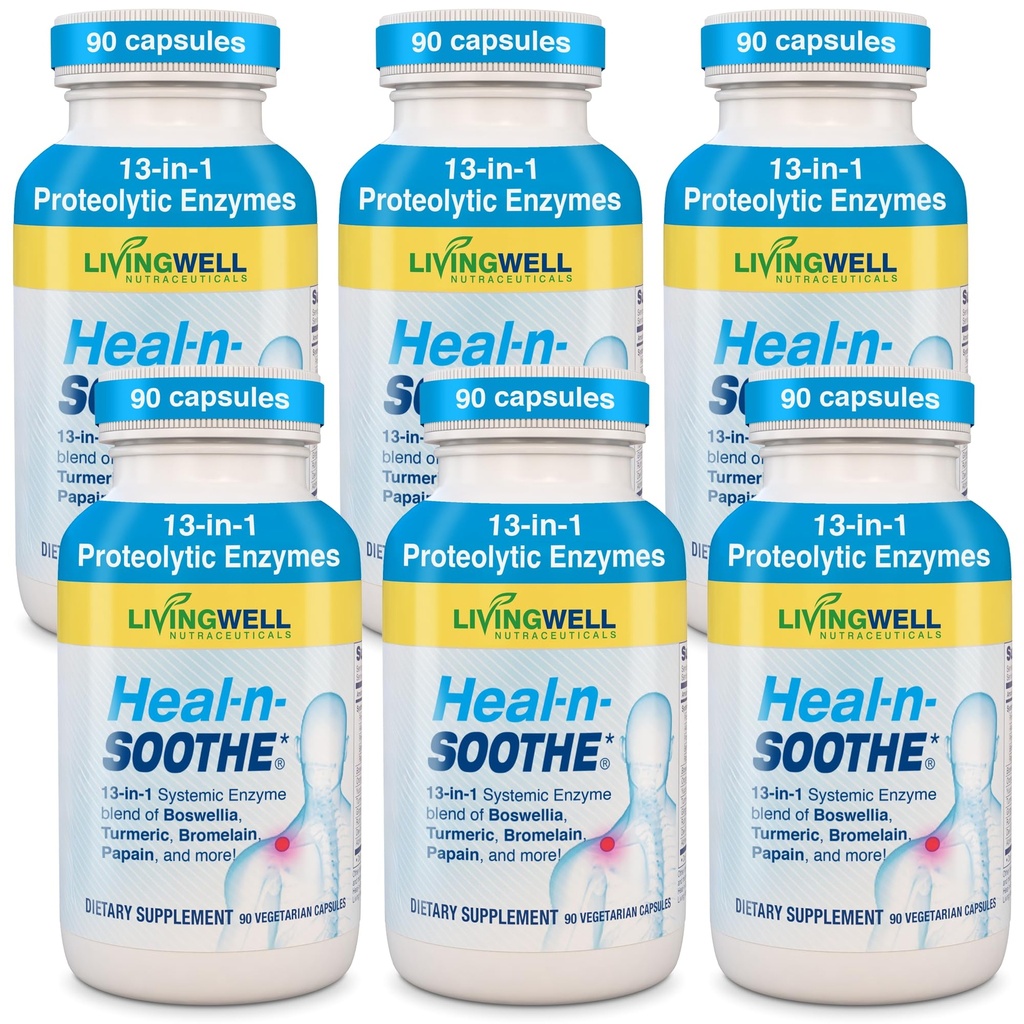 HEAL-N-SOOTHE Yhteinen tuki täydentää - Proteolyyttiset Entsyymit kuten Bromelain & Papain, kanssa Boswellia, Turmeric & Ginger- edistää proteiinin Ruoansulatuskyky & kehon puolustus hyvinvointi- 90 Count (6 Pack)