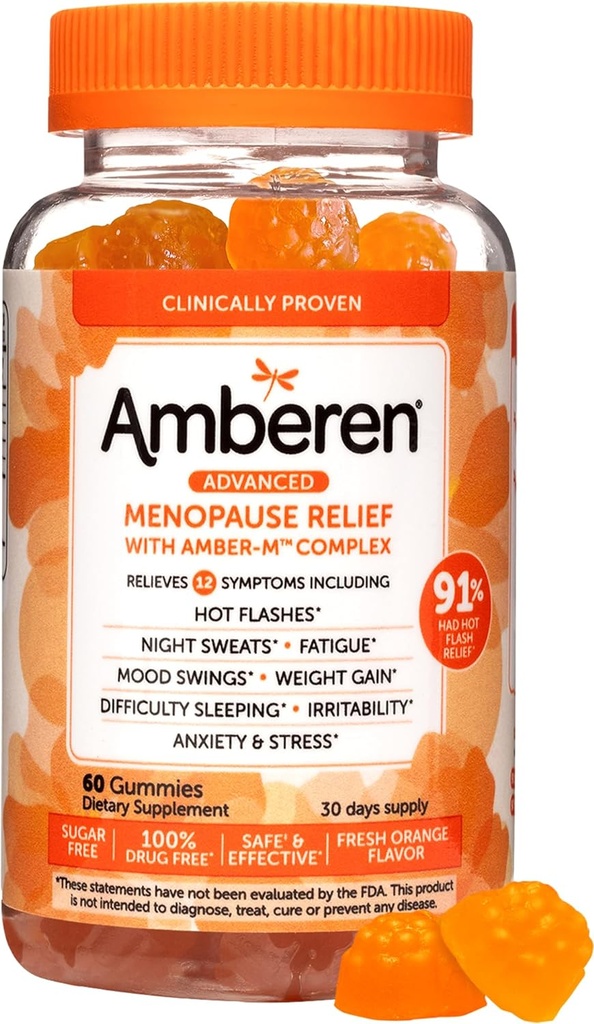 Amberen Menopause lisäravinteet naisille, monisymptom Relief, E-vitamiini & ainutlaatuinen Amberen-yhdiste, auttaa tukemaan Hormonitasapaino, Hot Flashs & Night Sweats, Sokeriton, Orange Flavor, 60 Gummies