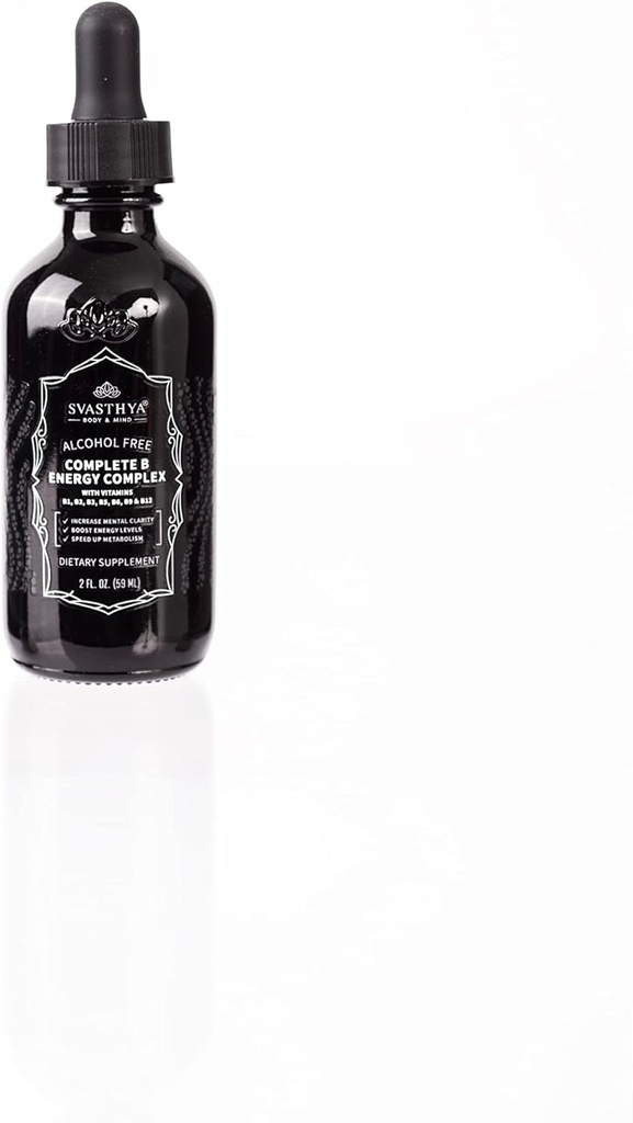 Svasthya Body & Mind B2 D3 vitamiini B Complex Liquid Supplement - Kaikki luonnolliset nestemäiset B-vitamiinit naisille, miehet & lapset - Ultra Potent Drops w/B-6, B-12-5000 mcg, sublingual & Vegan Friendly