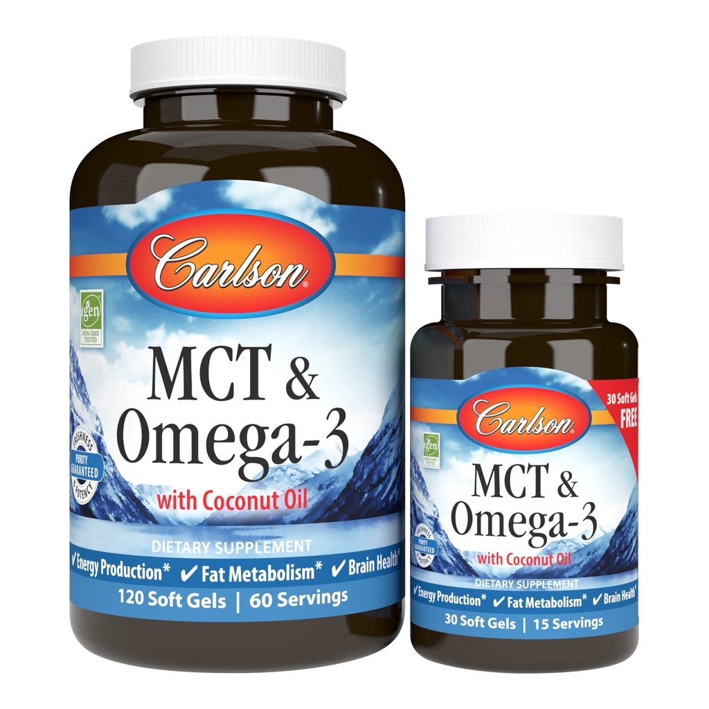 Carlson - MCT & Omega-3, Coconut Oil, Caprylic & Capric Acids, EPA & DHA, Energy Production, Fat Metabolia & Brain Health, 120+30 Softgels