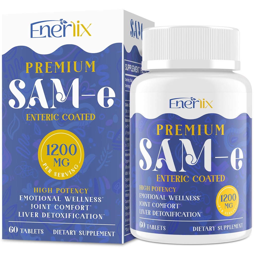 1200 MG SAM e Supplement for Brain, Mood, Joint och Liver, High Absorption SAM-e (S-Adenosyl-L-Methionine) med CoQ10, 5-HTP, Enteric Coated 60 tabletter, Vegan
