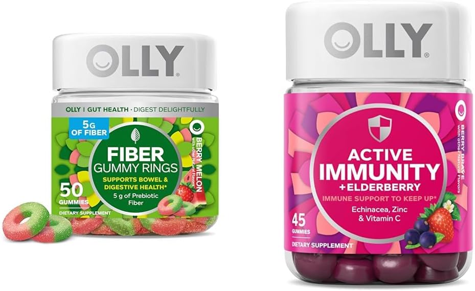 Olly Fiber Gummy Rings 50ct & Aktiivinen immuniteetti+Elderberry Gummies 45ct Marja makuja Ruoansulatus & Immuuni tuki