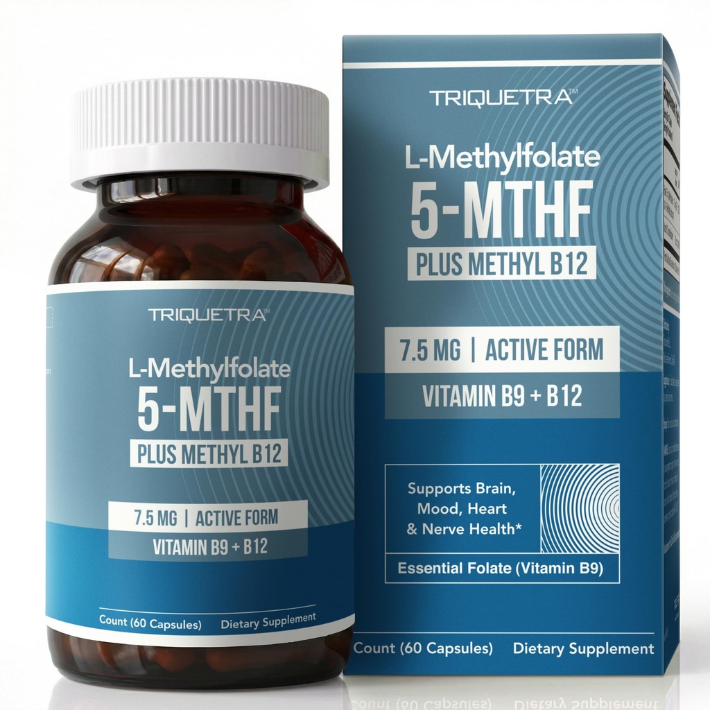 L Metyylifolaatti 7,5 mg + Metyyli B12 - Aktiivinen 5-MTHF-lomake, MTHFR- täydennysosa - Bloodstream Ready Methylated Folaatti + B12 Cofactor - tukee mood, Homokysteiini Methylation, Kognition (60 kapselia)