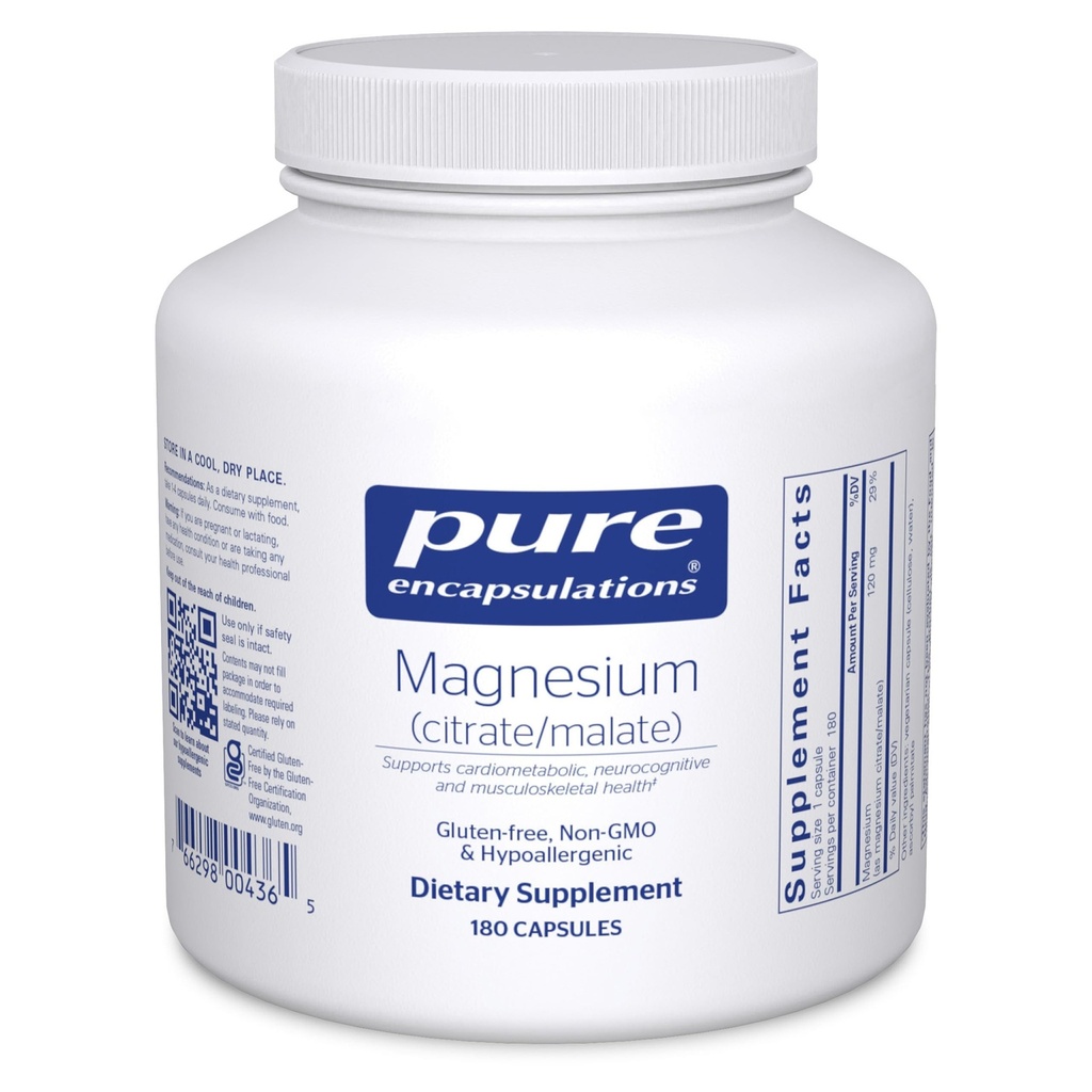 Rena inkapslingar Magnesium (Citrate/Malate) - Magnesium Supplement för att stödja näringsutnyttjande, energi, ben och hjärthälsa * - med Magnesium Citrate & Malate - 180 kapslar