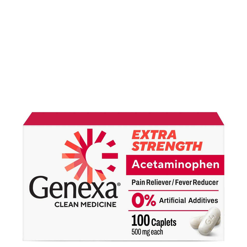 Genexa Clean Acetaminophen 500mg Extra Strength, Dye Free Pain Reliever Fever Reducer, 0% Artificiella tillsatser, Smärtmedicin för vuxna, lindrar huvudvärk, Backache, Mindre artrit smärta, 100 tabletter