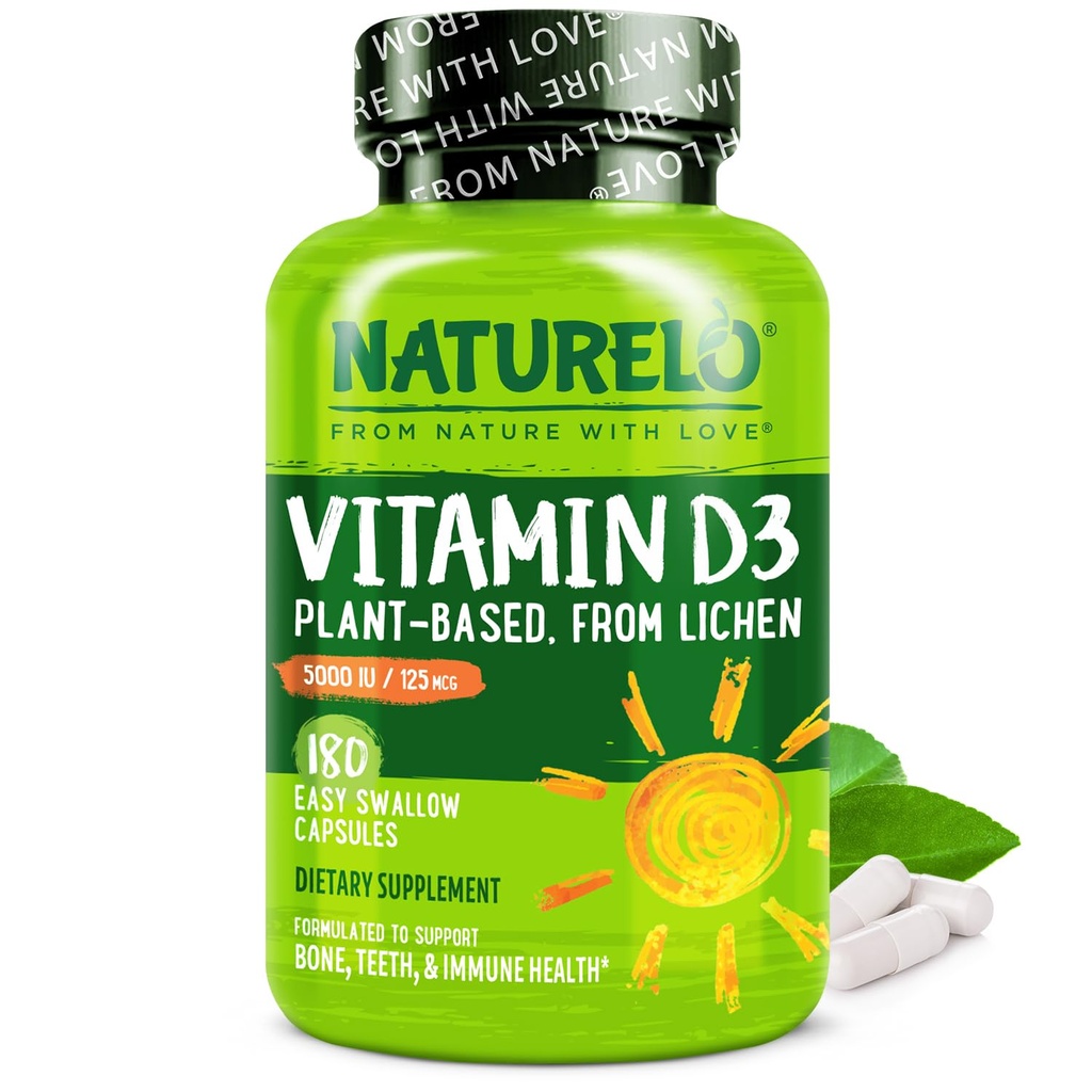 NATURALO D-vitamiini - 5000 IU - Kasvi Perustuu jäkälä - Natural D3 Supplement for Immune System, Bone Support, Joint Health - High Potency - Vegan - ei-GMO - Gluteeniton - 180 kapselia