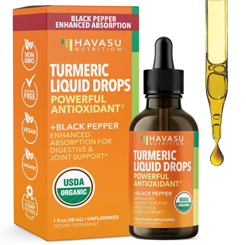 USDA Organiska gurkmeja flytande droppar med svartpeppar - 1000mg Curcumin Supplement för immun & Digestive Health - 30 portioner - Förbättrad absorption - Icke-GMO, Vegan, Glutenfri - Osmakad, 1 Fl Oz