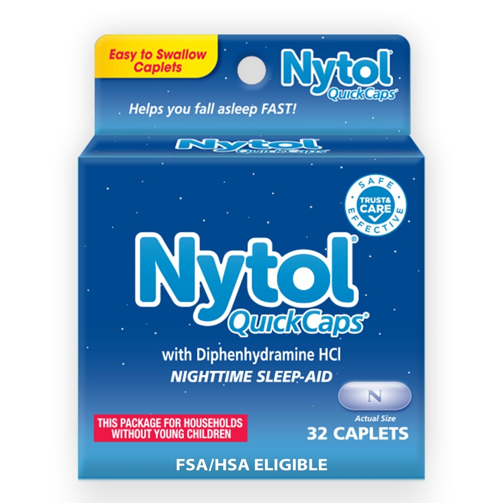 Nytol Quick Caps Nighttime uniapu Difenhydramiini HCI, helppo niellä Caplets Fall Asseep Nopea, 32