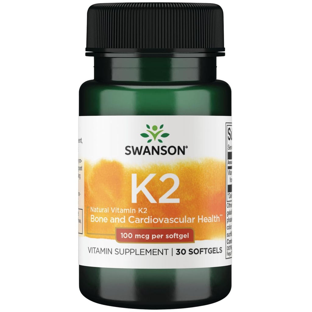 Swanson Vitamin K2 (Menaquinone-7) - Vitamin Supplement Supporting Cardiovascular and Bone Health - Made from Japanese Natto to Help Regulate Calcium - (30 Softgels, 100mcg Varje)