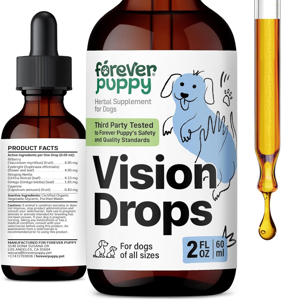 Ikuisesti koiranpentu Vision lisäravinteet koirille - silmät tihentynyt w/Bilberry & Eyebright Herb - Kaikki rodut ja koot - Liquid Dog Food Supplements for Vision Support & Eye Clarity - Sokeri ja alkoholiton - 2 oz