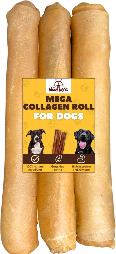 Woofley's Extra Thick Collagen Roll (10-12 tum - 3 PCS) - Chews for Dogs - Bully Stick Rawhide Alternative Dog Chews No Hide Bones for Medium & Large Dogs