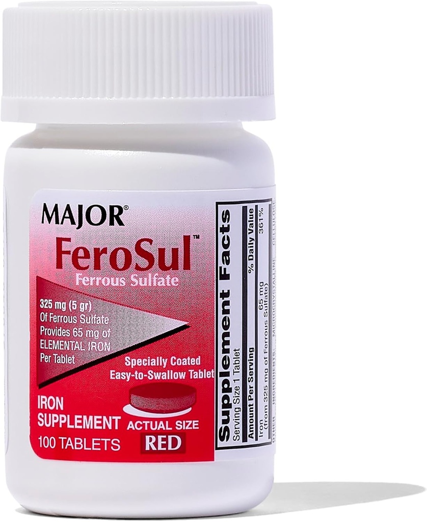 Majuri Ferosul - Ferrous Sulfate 325 mg tabletit 65 mg Elementaalirauta - rauta täydentää naisille, miehet - punainen - 100 Count