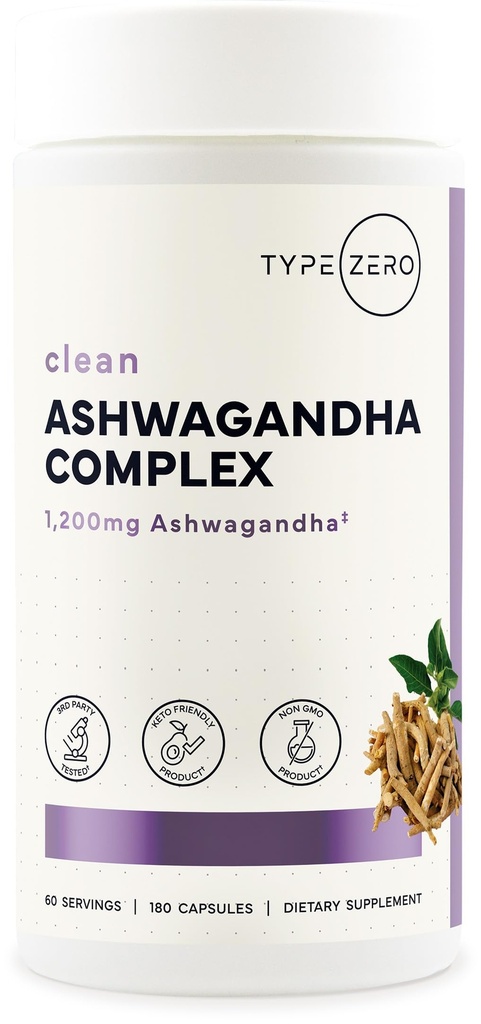 Tyyppi Zero KSM-66 Ashwagandha Root Extract 1,200mg, 60 Servings - High Potency 5% Withanolides - kanssa Turmeric, Rhodiola Rosea ja BioPerine Black Pepper Extract - 180 Kasvis Caps
