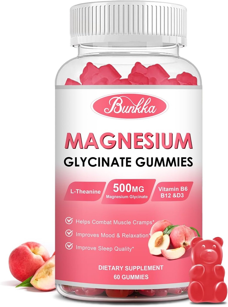 Magnesium Glycinate Gummies - sokeriton, magnesiumkompleksi Kaliumlisä kalium, vitamiiniD, B6 rauhoittaa, uni & stressi helpotus aikuisille - 60 persikka Gummies