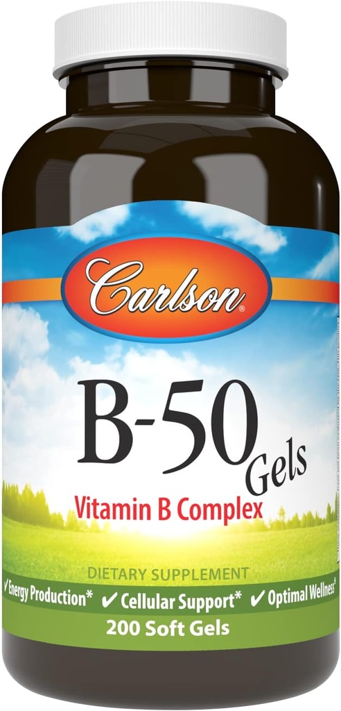 Carlson - B-50 geelit, B-vitamiinikompleksi, energiantuotanto, solujen tuki & optimaalinen hyvinvointi, 200 Softgels