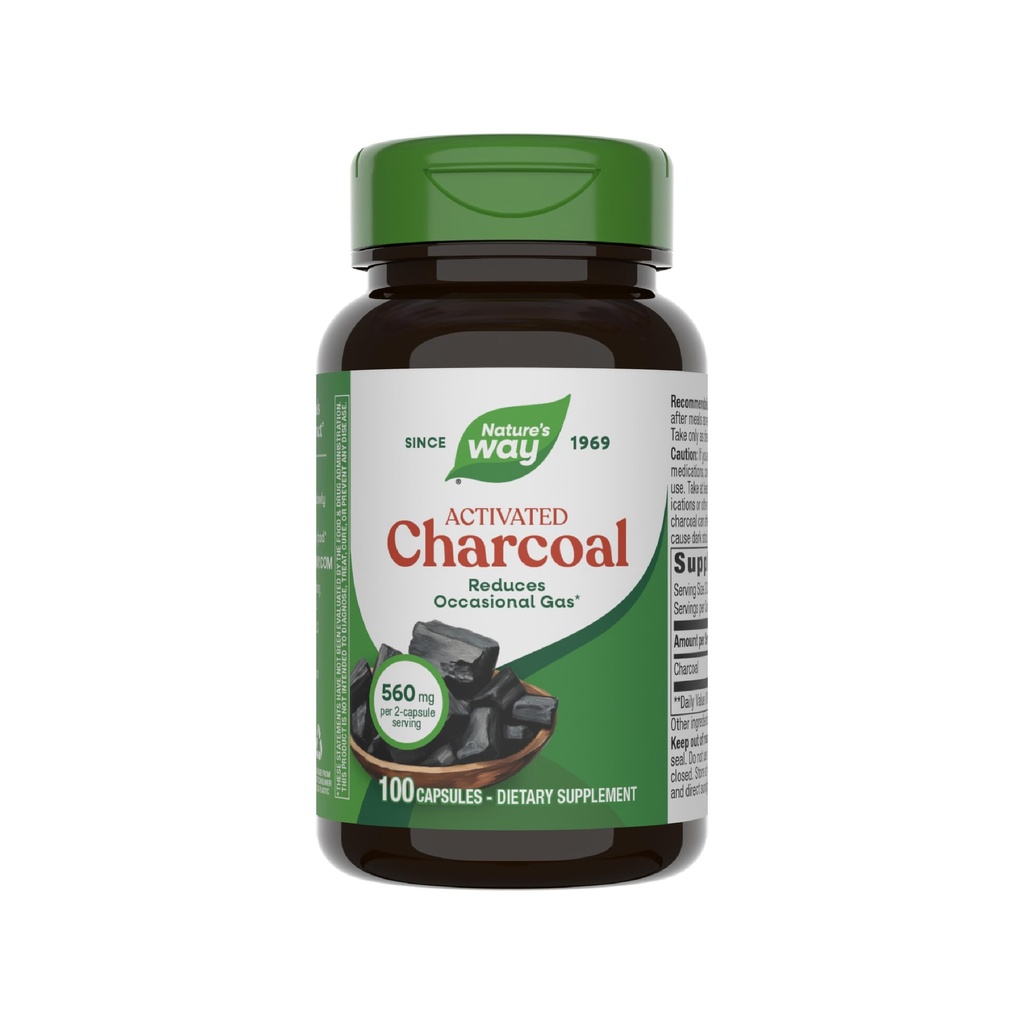 Nature's Way Active Charcoal, Binds Unwanted Materials and Gas in the Digestive Tract*, 560 mg per 2-Capsule Serving, 100 kapselia (Pakkaus toukokuussa Vary)