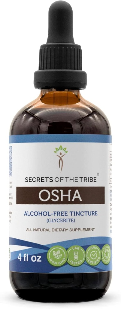 Secrets of the Tribe OSHA Alcohol-Free Liquid Extract, Ansvarsfullt odlad OSHA (Ligusticum Porteri) Dried Root 4 FL OZ