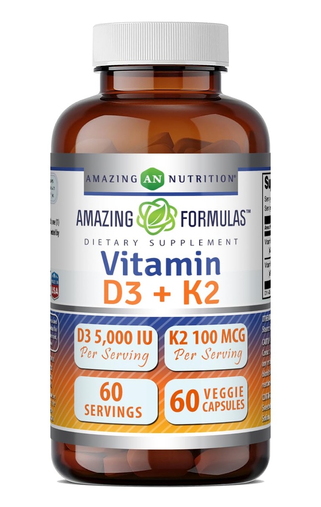 Hämmästyttävä Formula D3-vitamiini 5000 IU K2-vitamiinin kanssa 100 mikrog D3 + K2 Complex Supplement 