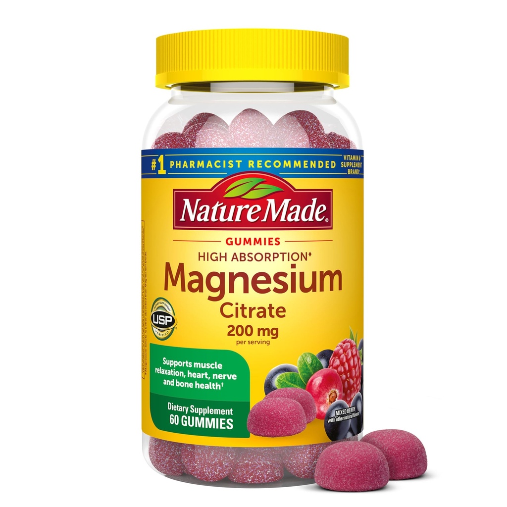 Nature Made High Absorption Magnesiumsitraatti 200 mg/annos, magnesiumlisä lihakselle, hermolle, luulle ja sydämelle, 60 magnesium Gummies, 30 päivän toimitus
