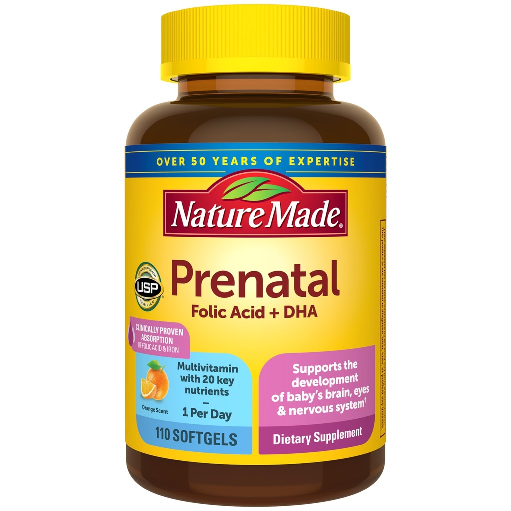 Nature Made Prenatal med folsyra + DHA, Prenatal Vitamin och mineraltillskott för dagligt näringsstöd, 110 Softgels, 110 Day Supply