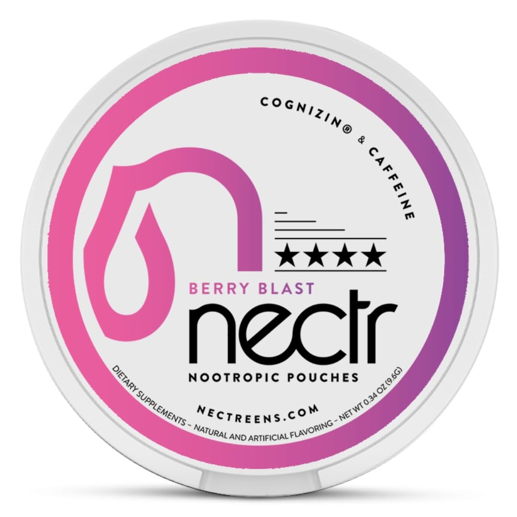 Nectr Energy Nootropic Pouches - Berry Blast smaksatt, koffeinpåsar med Cognizin® Citicoline. Sockerfri hjärnbehandling. Smidig, hållbar fokus & energiförsörjning - 1 Puck på 16pcs