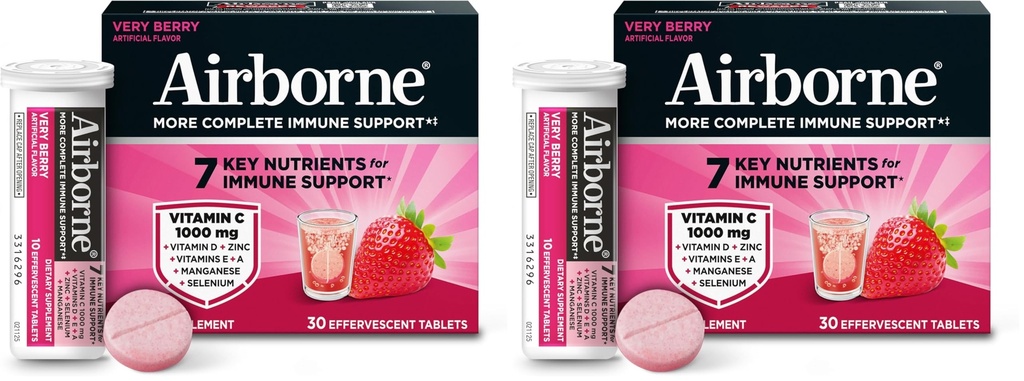 Airborne 1000mg Vitamin C med vitamin D & Zink, Sugar Free Multivitamin Immune Support Supplement, Antioxidants Vitamins A C & Vitamin E, 30 Effervescent Tablets, Very Berry Flavor (Pack av 2)
