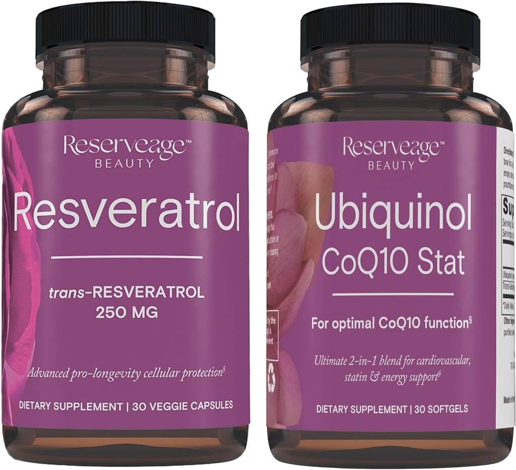Reservskönhet, Resveratrol 250 mg, Antioxidant Supplement för hjärt- och cellulär hälsa 30 Caps & Ubiquinol CoQ10 Stat - Stöd för kardiovaskulärt system, energinivåer och cellulär hälsa - 30